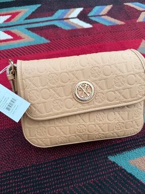 French Connection Beige Embossed Logo Flap Crossbody